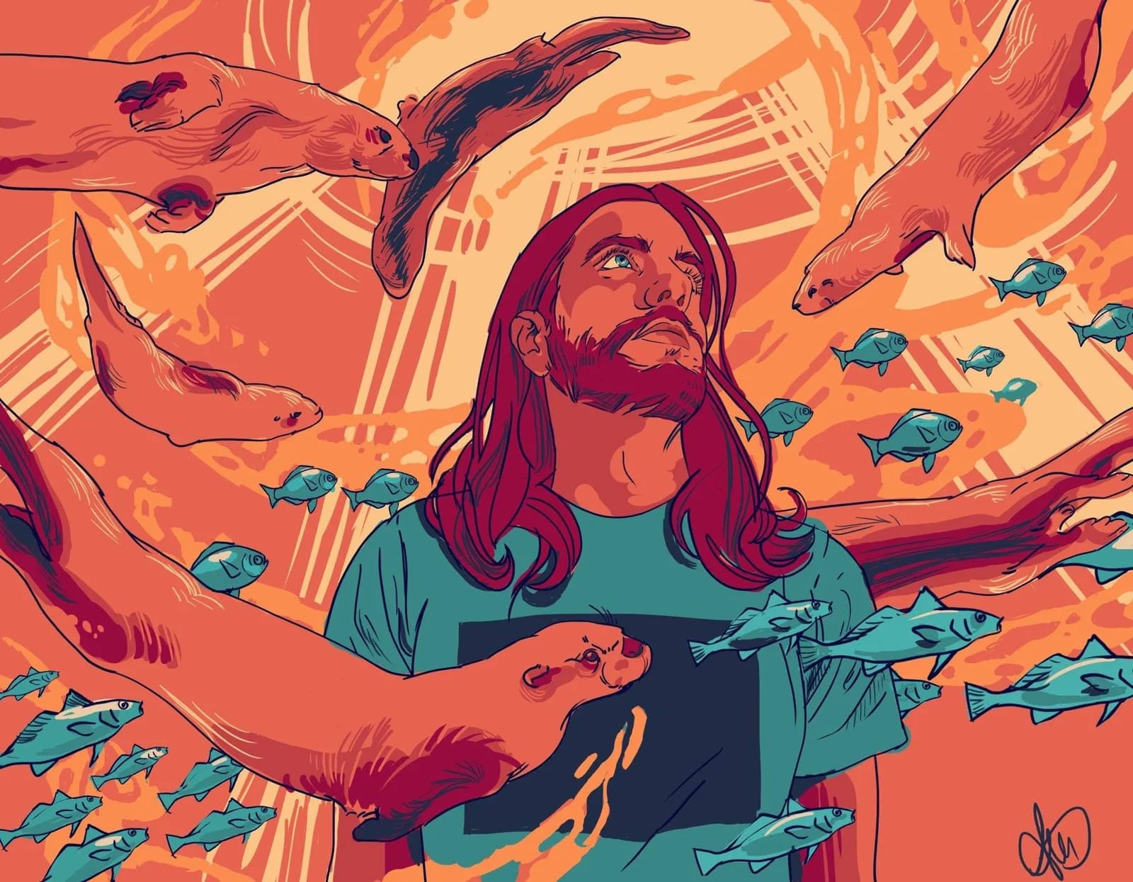 Illustrated portrait of Isaac looking upward, surrounded by otters and teal fish